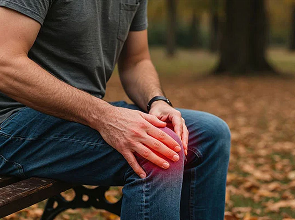 a man sat in a park on bench in autumn with an injured knee
