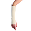 Elasticated tubular arm support bandage covering the wrist and forearm for compression and injury support.