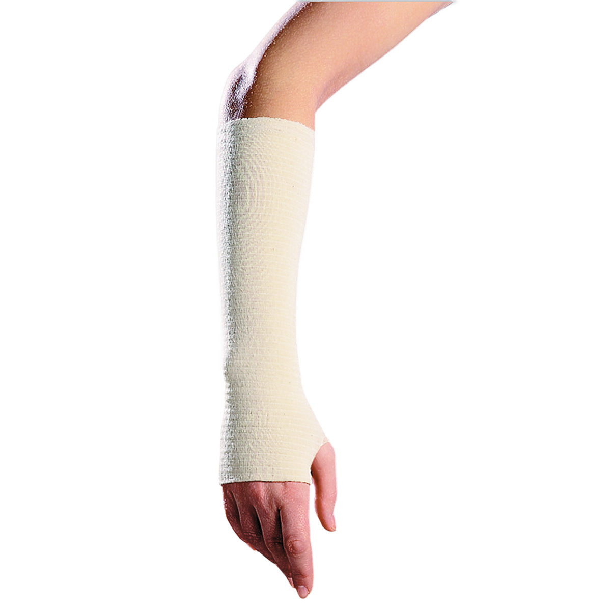 Elasticated tubular arm support bandage covering the wrist and forearm for compression and injury support.