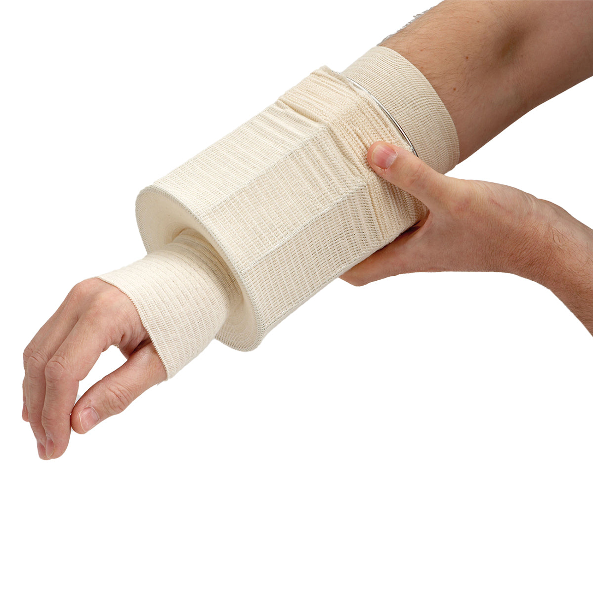 Elasticated tubular arm support bandage covering the wrist and forearm for compression and injury support.
