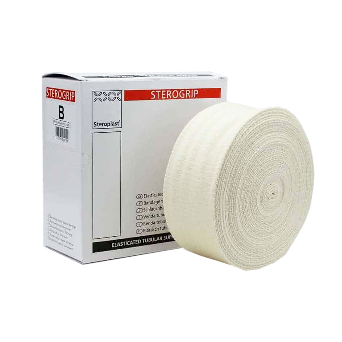 Sterogrip elasticated tubular support bandage roll displayed beside Steroplast packaging