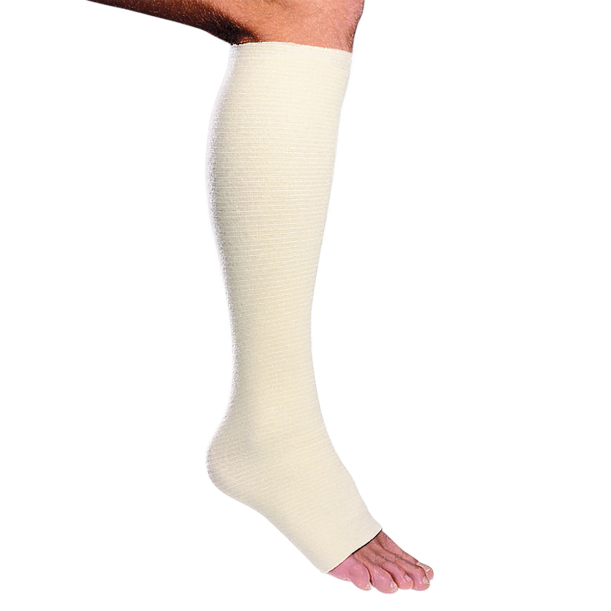 “Sterogrip elasticated tubular support bandage roll shown on a leg and ankle