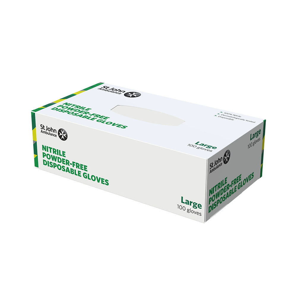 The front of the box of the St John Ambulance Nitrile Powder-free Disposable Gloves Large (100 PACK).