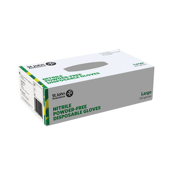The back of the box of the St John Ambulance Nitrile Powder-free Disposable Gloves Large (100 PACK).