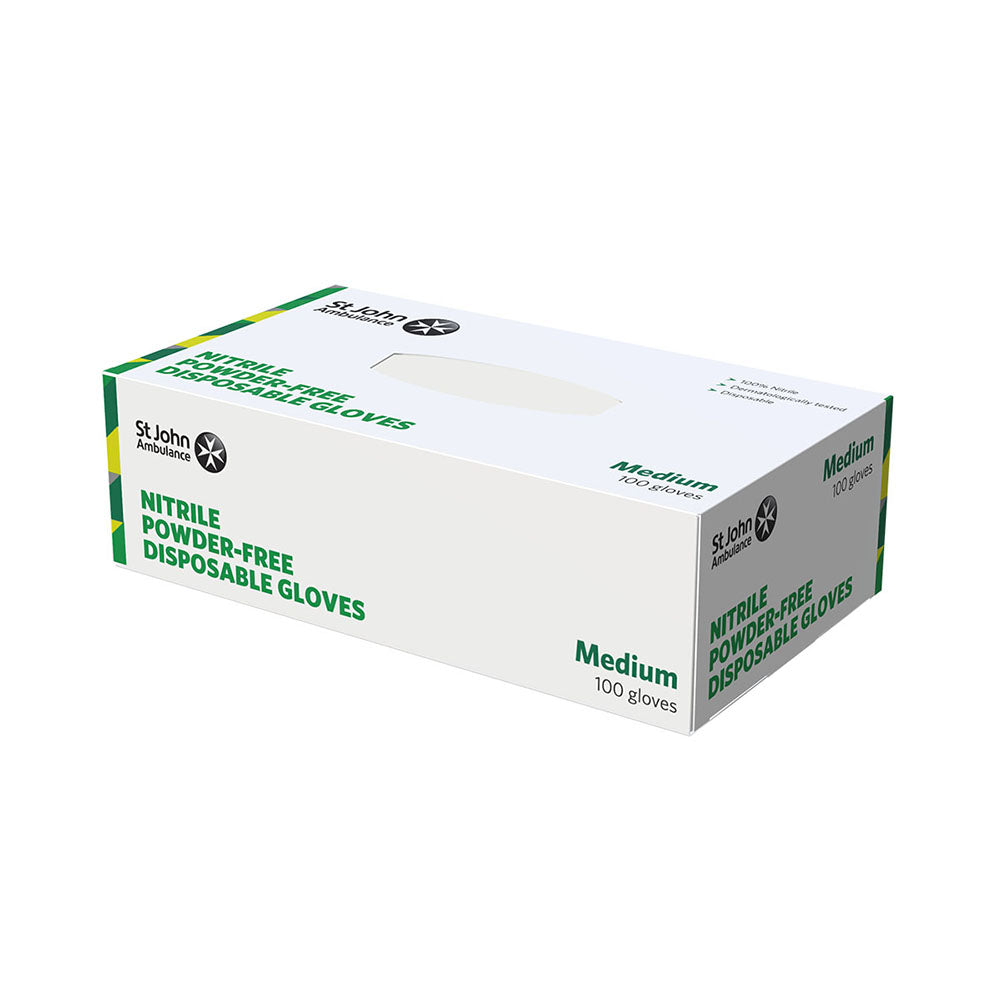 The front of the box of the St John Ambulance Nitrile Powder-free Disposable Gloves Medium (100 PACK).
