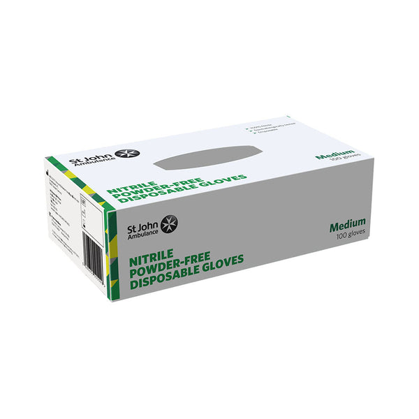 The back of the box of the St John Ambulance Nitrile Powder-free Disposable Gloves Medium (100 PACK).