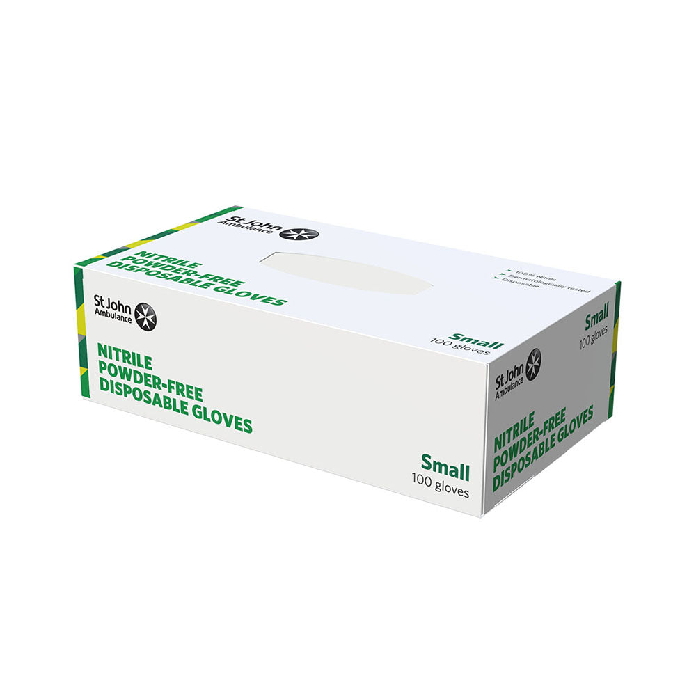 The front of the box of the St John Ambulance Nitrile Powder-free Disposable Gloves Small (100 PACK).