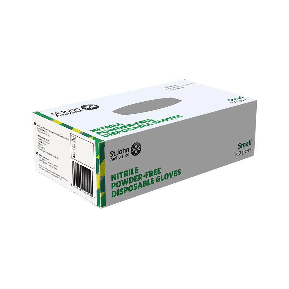 The back of the box of the St John Ambulance Nitrile Powder-free Disposable Gloves Small (100 PACK).