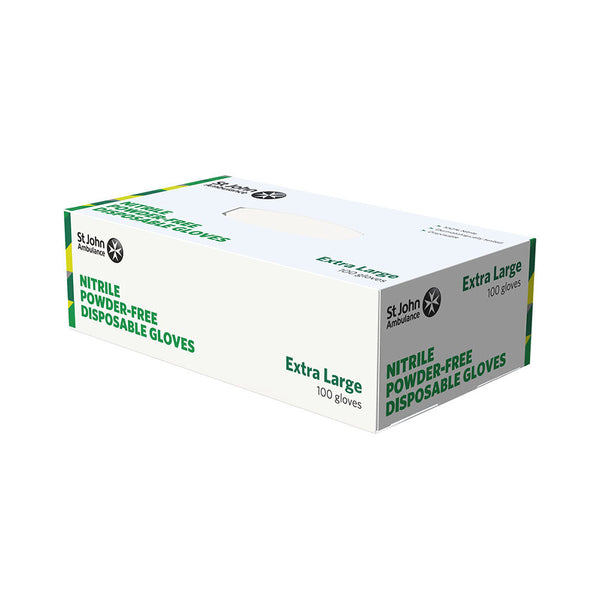 The front of the box of the St John Ambulance Nitrile Powder-free Disposable Gloves Extra Large (100 PACK).