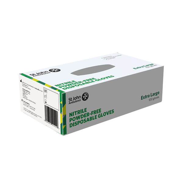 The back of the box of the St John Ambulance Nitrile Powder-free Disposable Gloves Extra Large (100 PACK).