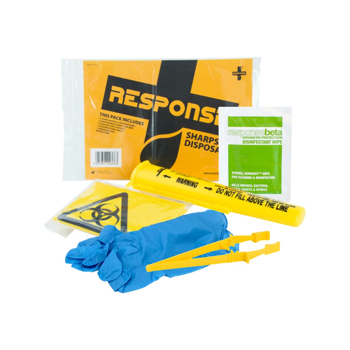 Sharps disposal kit components displayed on a white background, including a yellow sharps container with warning text, blue disposable gloves, yellow plastic forceps, a biohazard bag, and a green disinfectant wipe packet alongside a Response-labelled disposal pack.