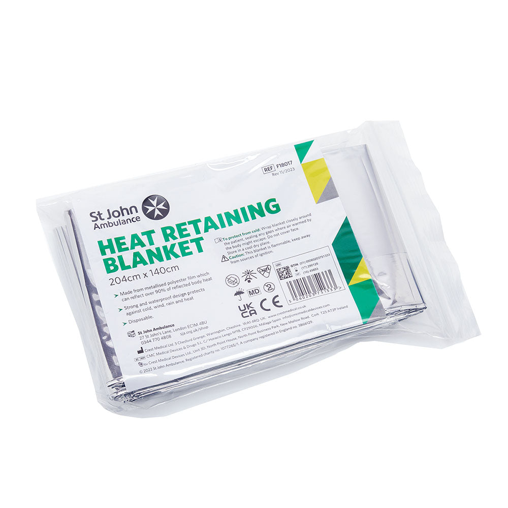 The front of the package for the St John Ambulance Heat Retaining Blanket.