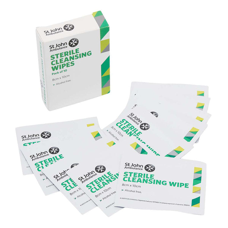 The box and contents of the St John Ambulance Sterile Cleansing Wipes (10 Pack).