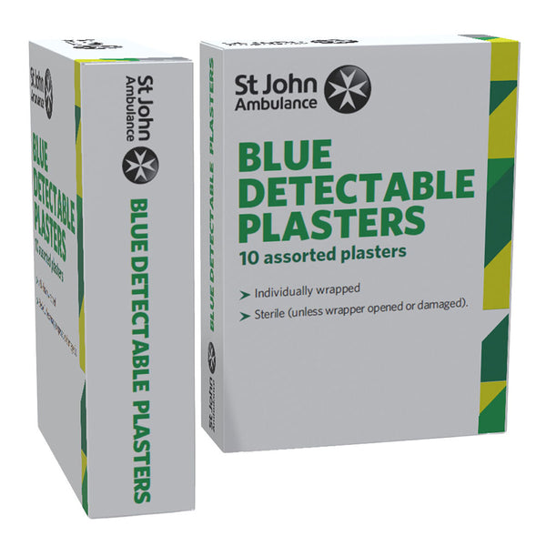 The front and side of the St John Ambulance Blue Detectable Plasters (10 PACK).
