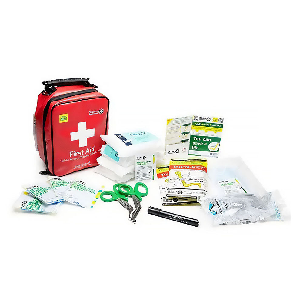 The contents of the St John Ambulance Public Access Trauma PAcT First Aid Kit with Tourni-Key.