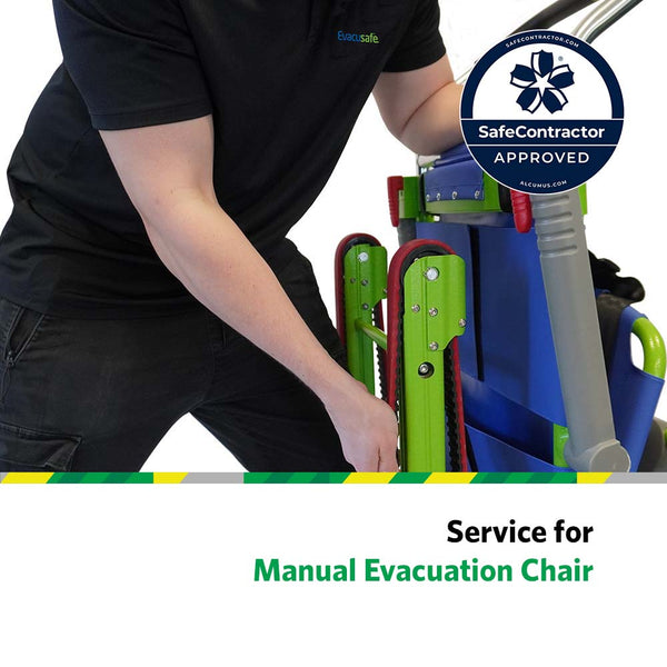 A service engineer tending to an evacuation chair.