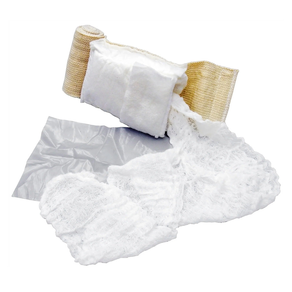 An unwrapped TacMed OLAES 4 inch Modular Bandage.