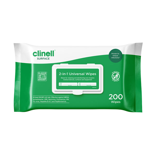 Clinell Surface 2-in-1 Universal Wipes pack containing 200 wipes, shown in green and white packaging with a resealable lid, designed for cleaning and disinfecting surfaces, equipment and non-invasive medical devices.
