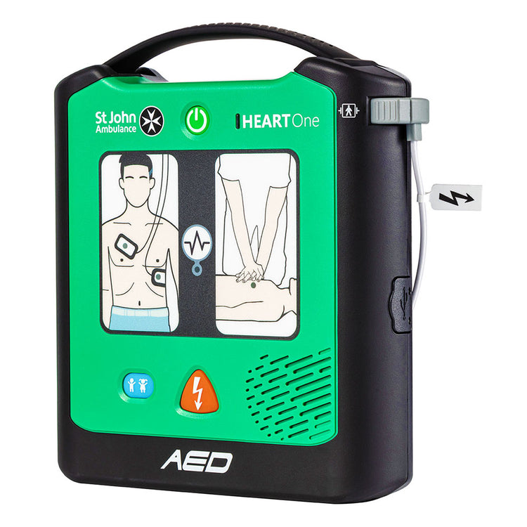 A perspective of the St John Ambulance HEART One Semi-automatic Defibrillator.