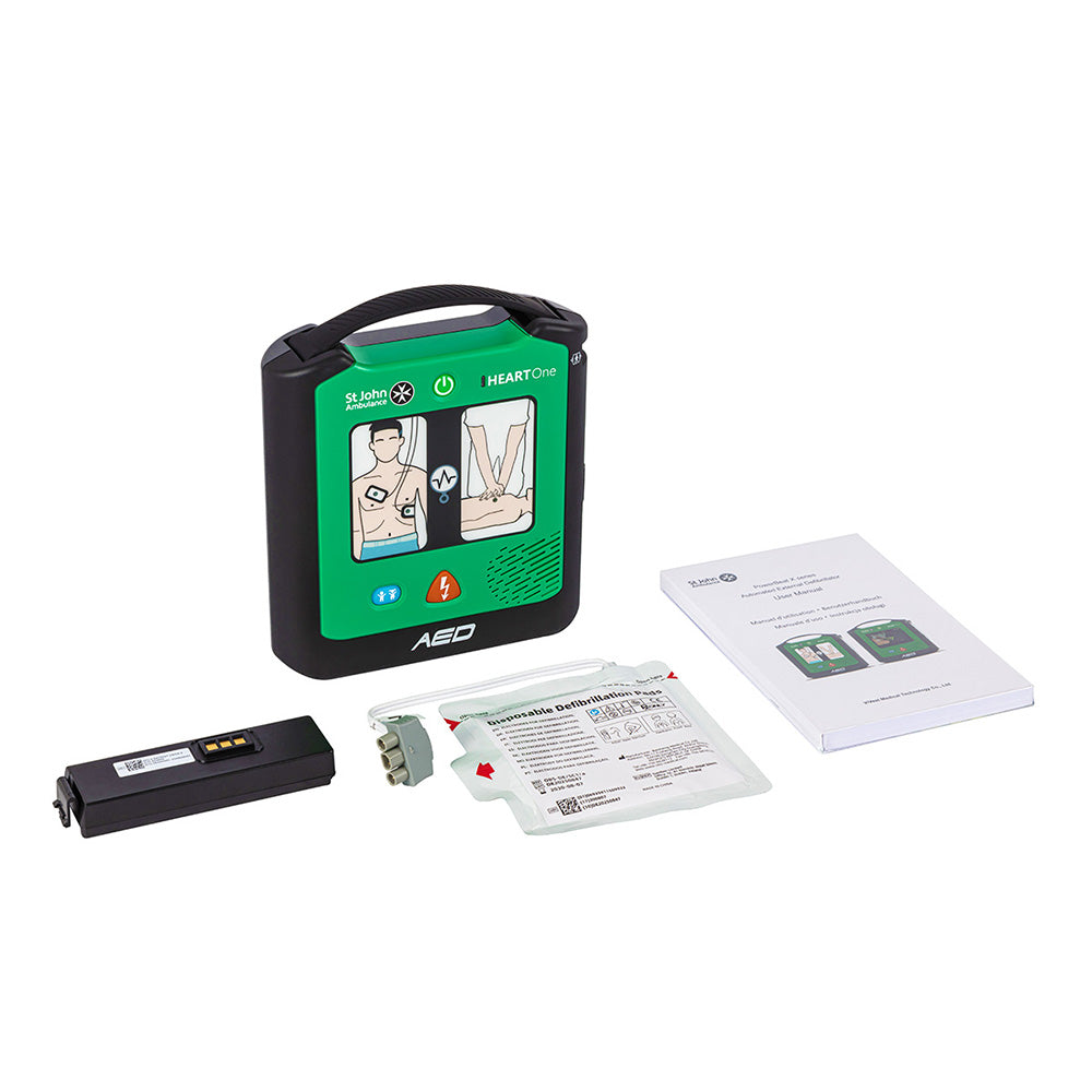 The contents of the St John Ambulance HEART One Semi-automatic Defibrillator box.