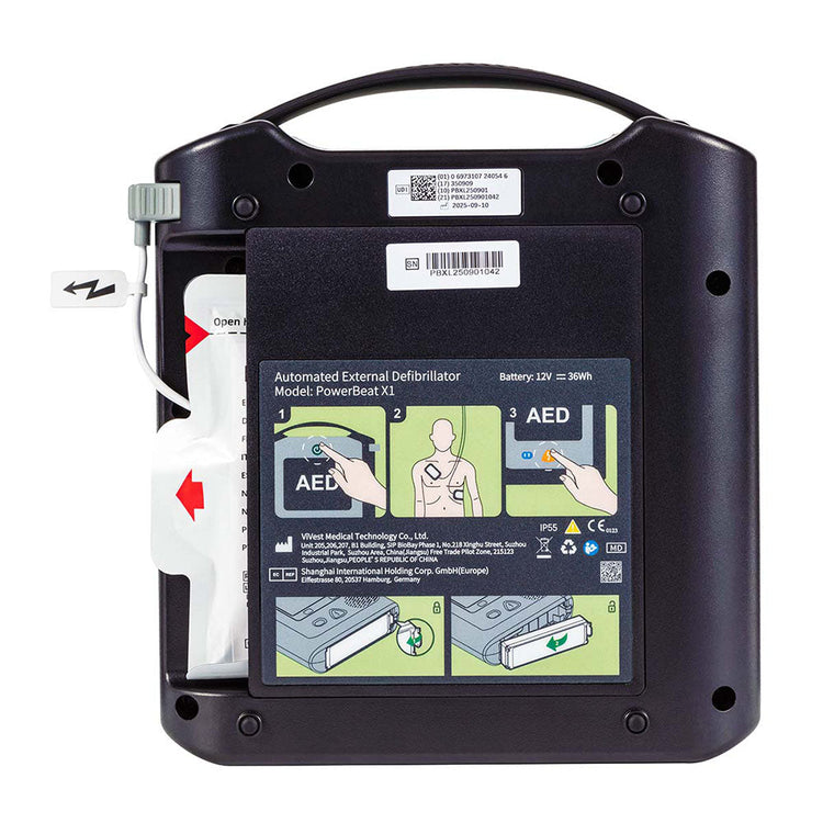 The back of the St John Ambulance HEART One Semi-automatic Defibrillator.