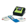 Automated External Defibrillator (AED) with electrodes on a white background