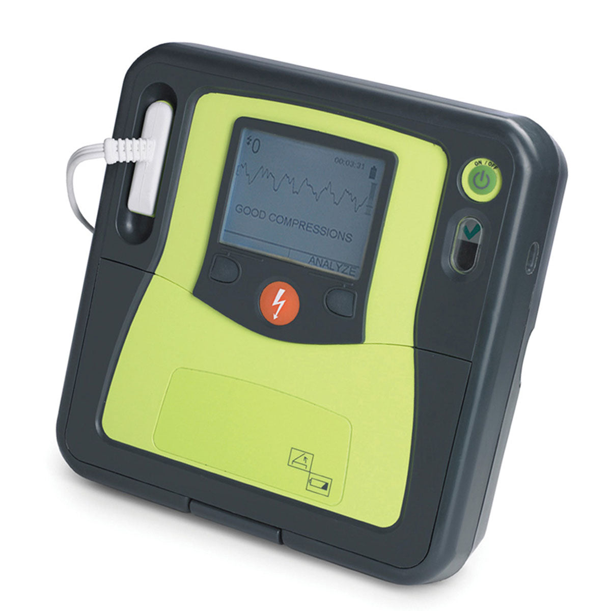 Automated External Defibrillator (AED) with green and black design on a white background