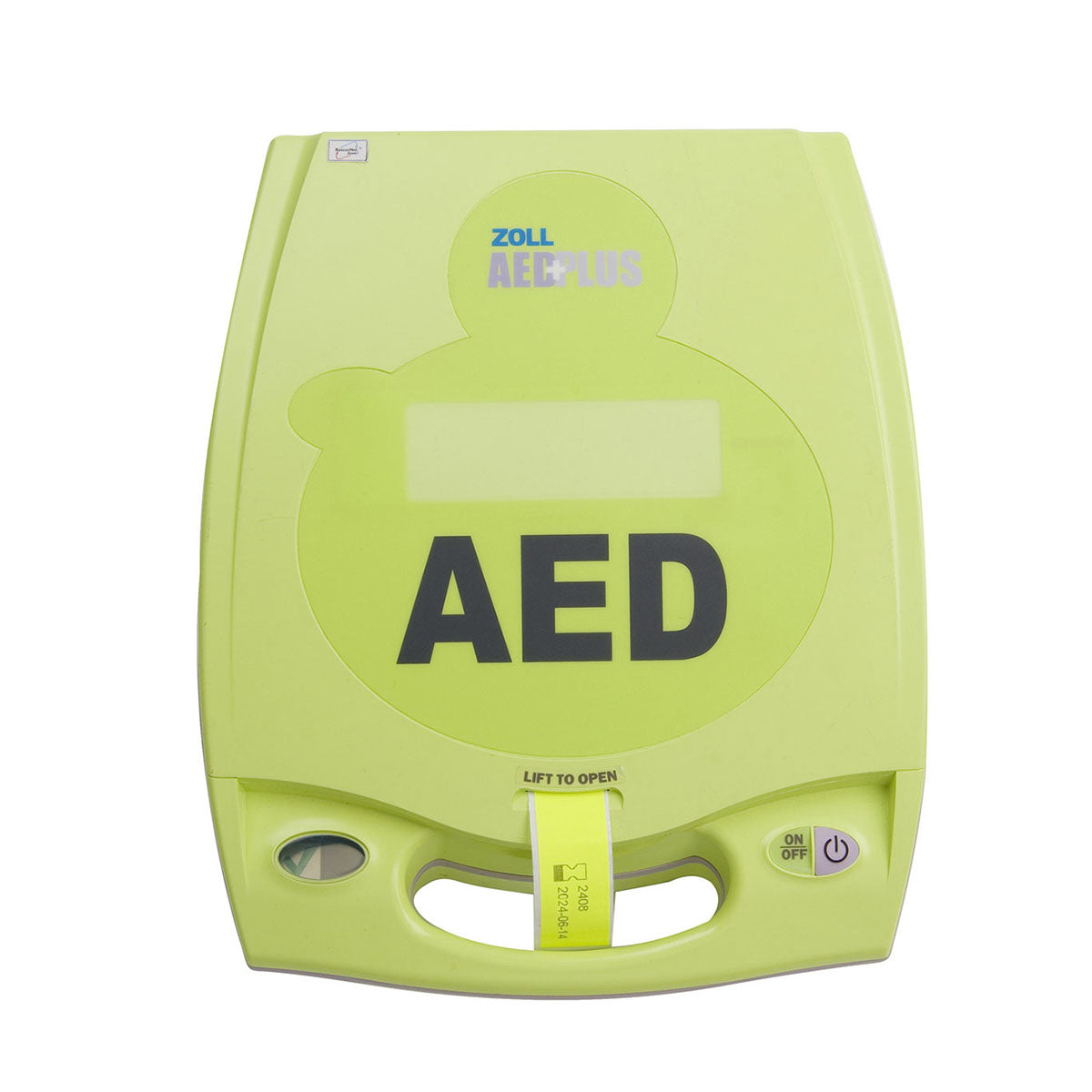 Green AED device with 'ZOLL' branding on a white background