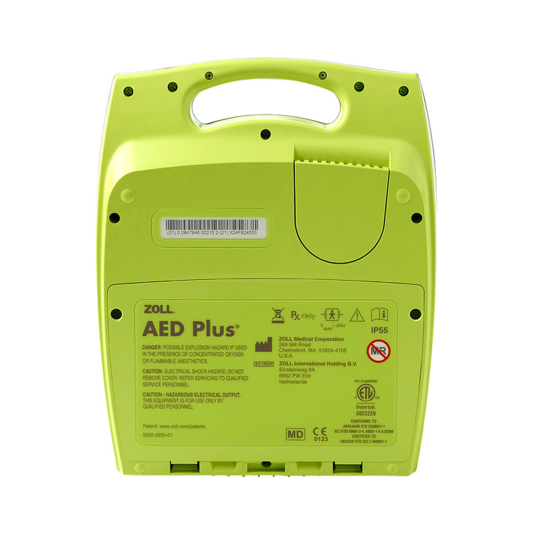 The back of the ZOLL AED Plus Fully Automatic Defibrillator.