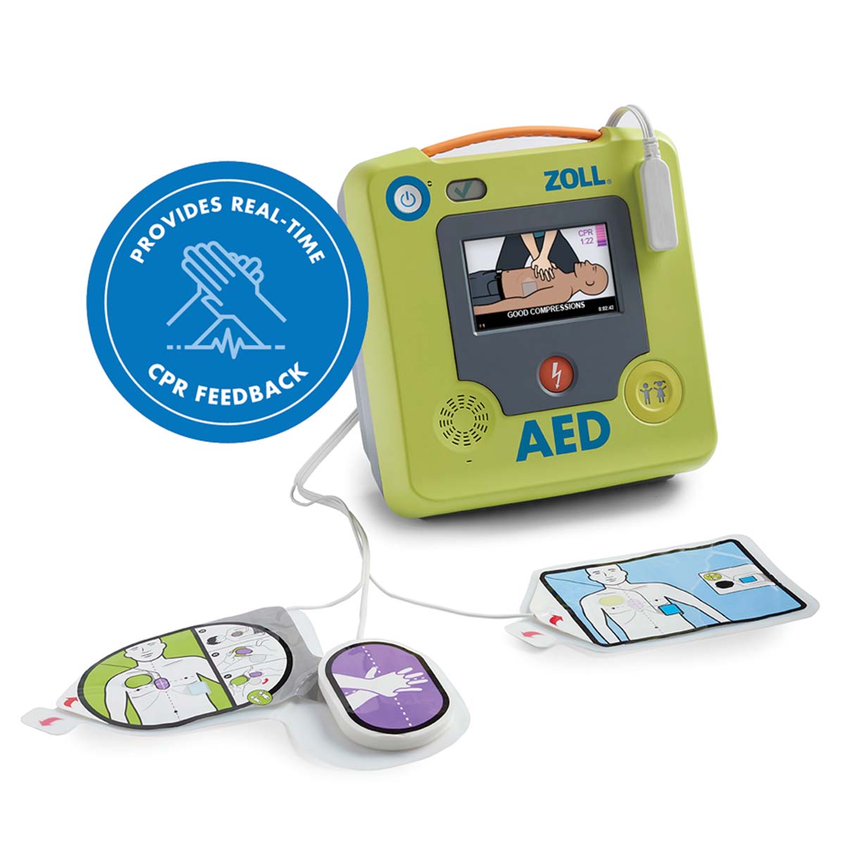 ZOLL AED with real-time CPR feedback feature on a white background