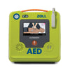 Front-facing view of a ZOLL automatic automated external defibrillator (AED) in a bright green casing with an integrated carry handle. The device features a colour display showing CPR chest compressions, a shock button, speaker, status indicators, and a connected electrode cable against a white background.