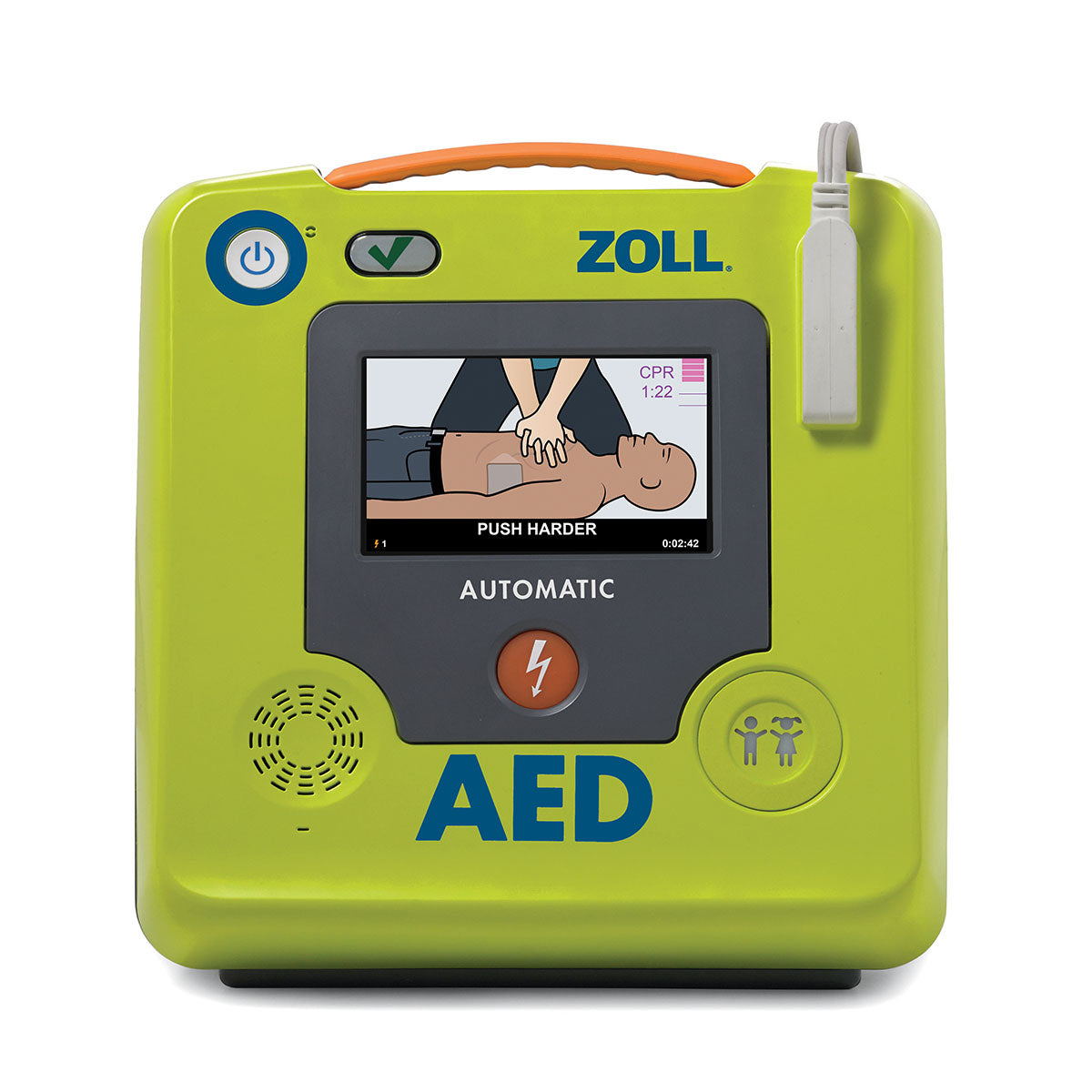 Front-facing view of a ZOLL automatic automated external defibrillator (AED) in a bright green casing with an integrated carry handle. The device features a colour display showing CPR chest compressions, a shock button, speaker, status indicators, and a connected electrode cable against a white background.