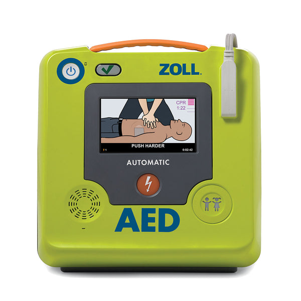 Front-facing view of a ZOLL automatic automated external defibrillator (AED) in a bright green casing with an integrated carry handle. The device features a colour display showing CPR chest compressions, a shock button, speaker, status indicators, and a connected electrode cable against a white background.
