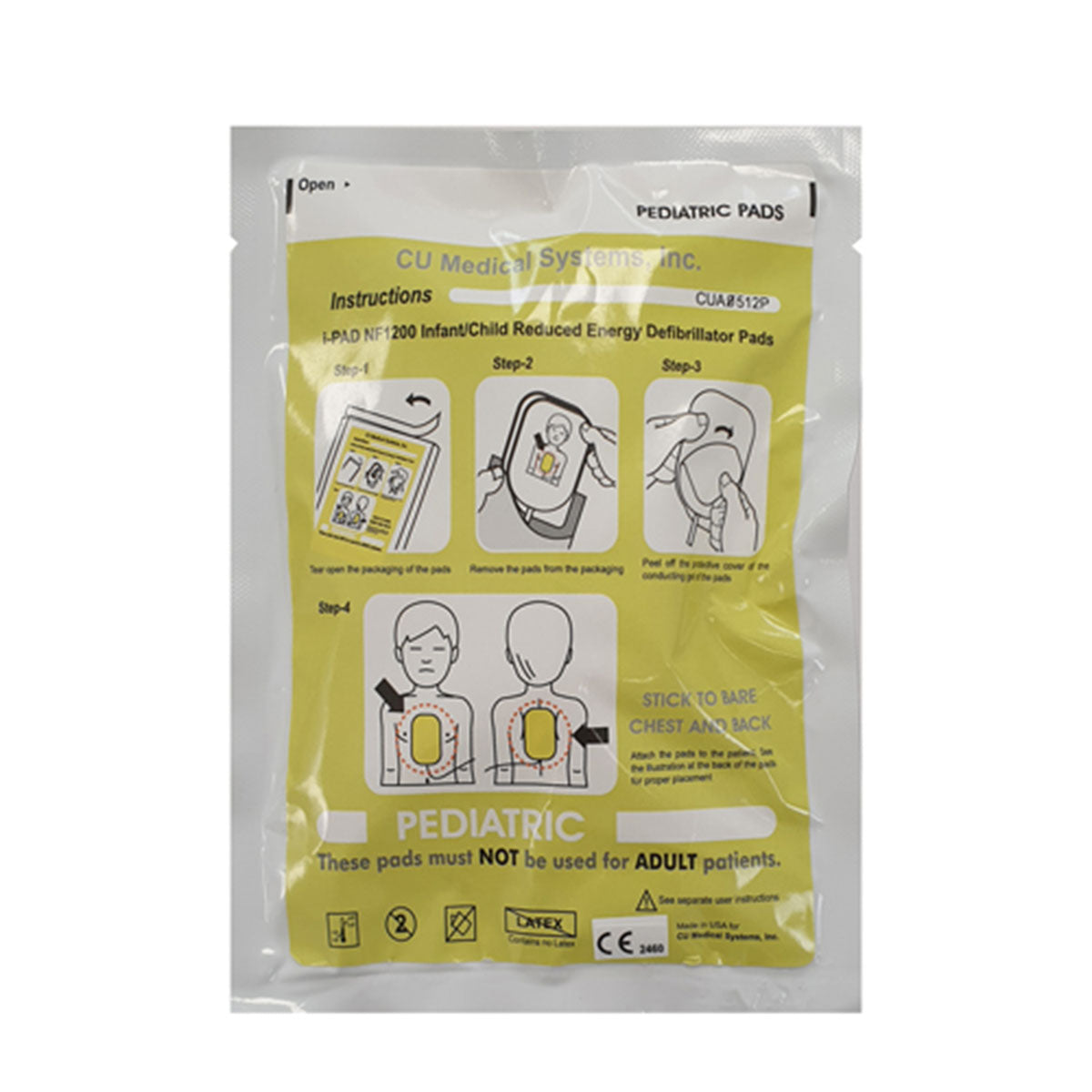 Paediatric AED defibrillator pads in a sealed yellow and white pouch, showing illustrated step-by-step instructions for pad placement on a child’s chest and back. The packaging is labelled “Paediatric Pads” and “LPAD HF120 Infant/Child Reduced Energy Defibrillator Pads”, with a warning stating the pads must not be used for adult patients
