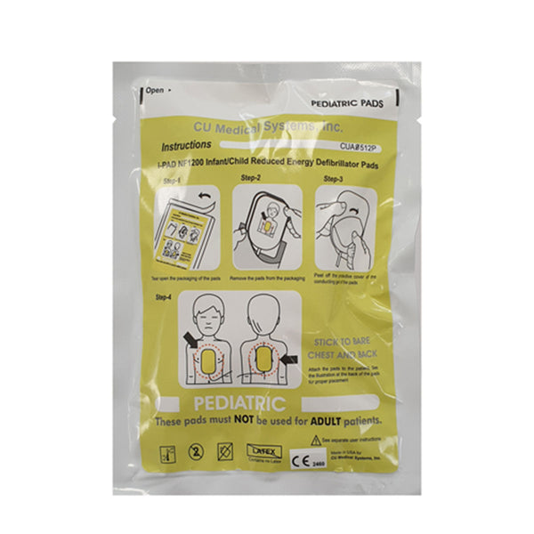 Paediatric AED defibrillator pads in a sealed yellow and white pouch, showing illustrated step-by-step instructions for pad placement on a child’s chest and back. The packaging is labelled “Paediatric Pads” and “LPAD HF120 Infant/Child Reduced Energy Defibrillator Pads”, with a warning stating the pads must not be used for adult patients