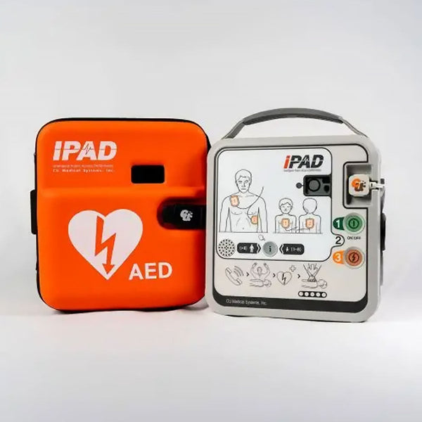 IPAD AED device with orange carrying case on a white background
