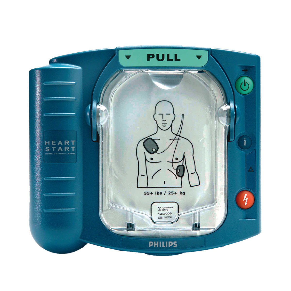 Blue Philips HeartStart defibrillator on a white background