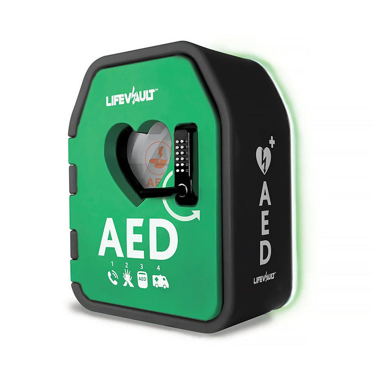 A perspective of the LifeVault Temperature Controlled AED Cabinet Lockable.