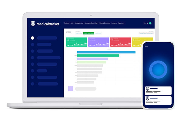 MedicalTracker dashboard displayed on a laptop screen showing analytics charts, performance metrics and reporting tools, alongside a smartphone displaying app notifications and alerts.