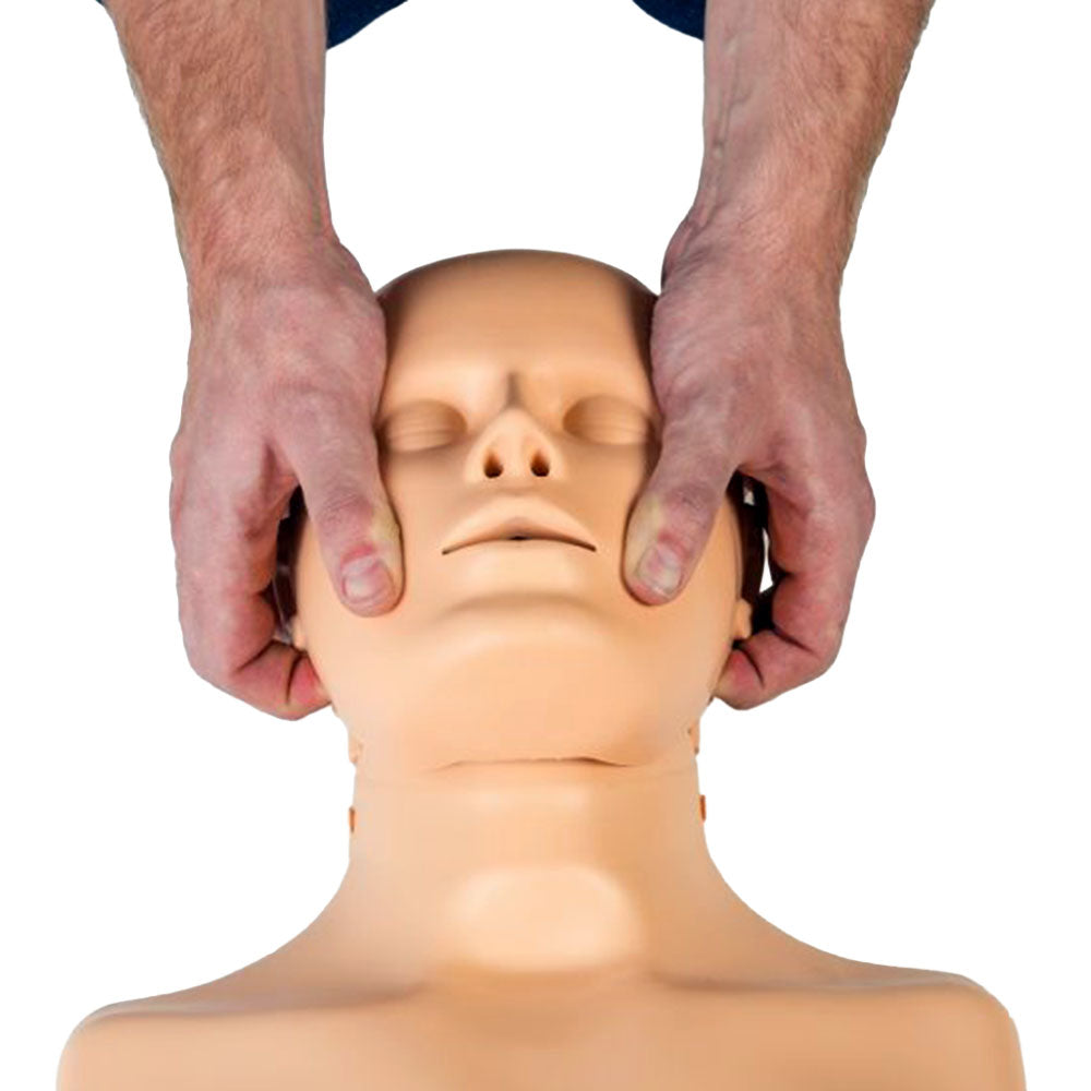 A person removing the face mask from the PractiMan Advanced CPR Manikin Light.