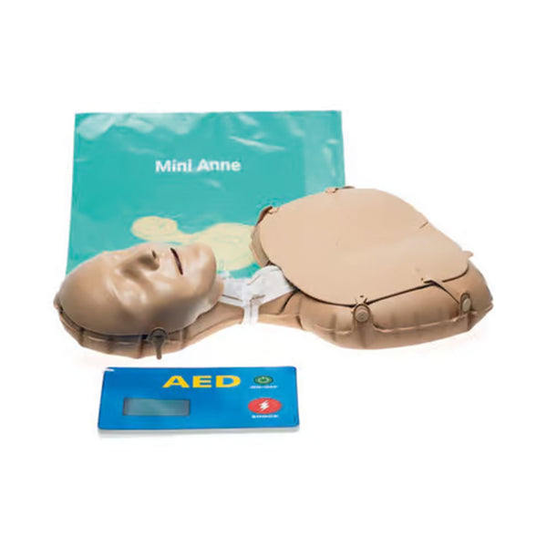 The Laerdal Mini Anne manikin, with the basic AED and express bag.