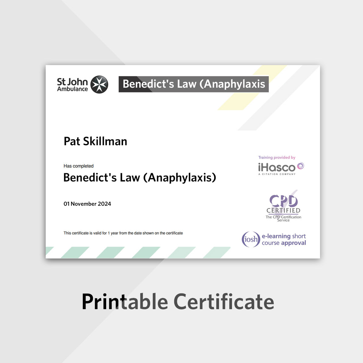 A preview of a printable certificate.