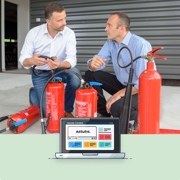 Two men have a discussion with fire extinguishers around them.
