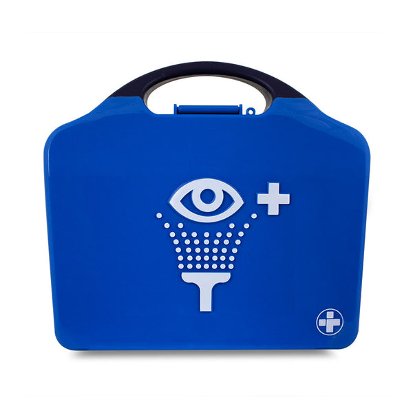 The Reliance Medical Deluxe Eye Wash Station Blue, closed.