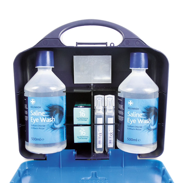 The Reliance Medical Deluxe Eye Wash Station Blue, opened with its contents.