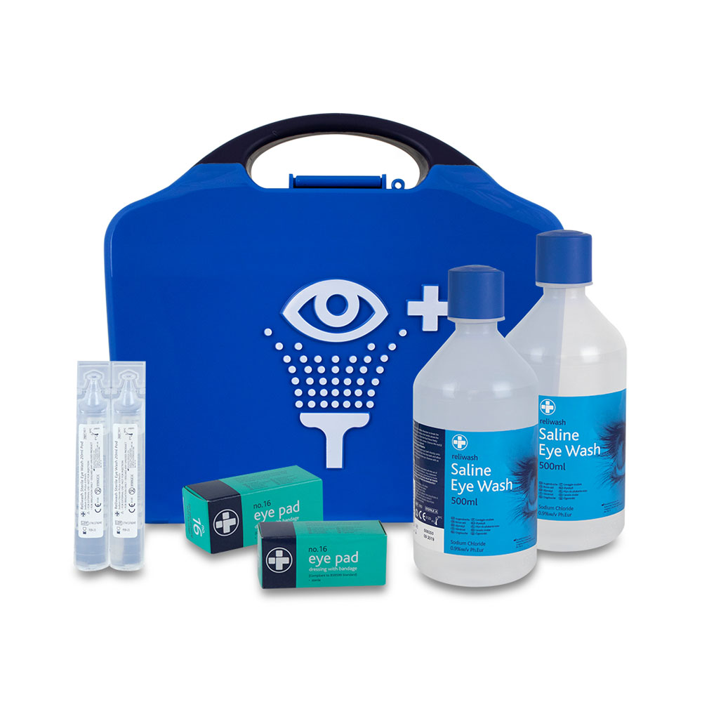 The contents of the Reliance Medical Deluxe Eye Wash Station Blue.