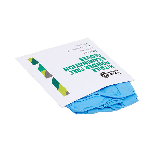 An opened pack of the St John Ambulance Nitrile Powder-free Gloves Large.