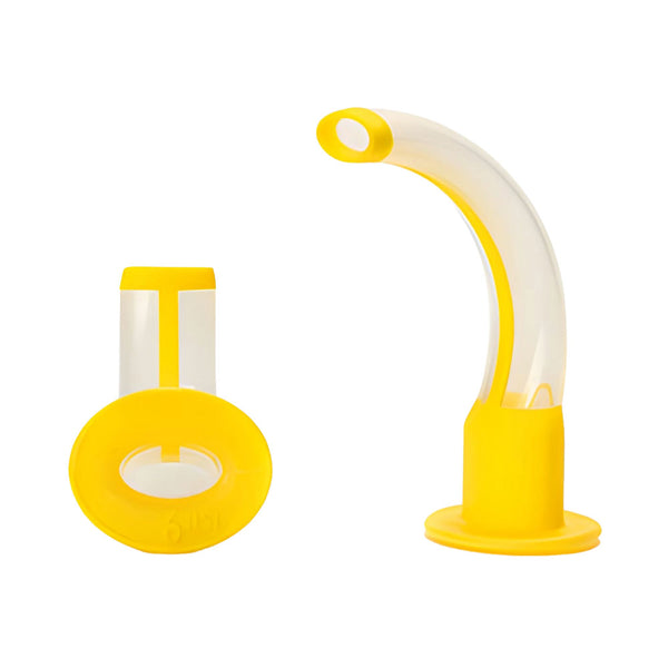 A split view of the Intersurgical Guedel One-Piece Yellow Airway Size 3 standing, and a close-up of its base.