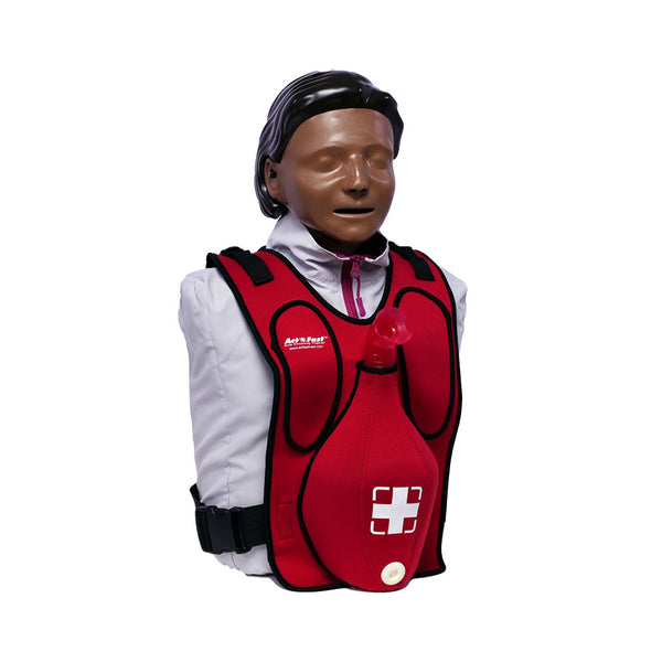 The Act+Fast Anti Choking Trainer, on a female manikin.