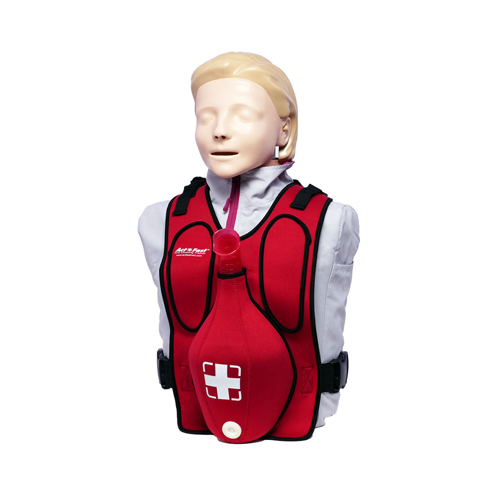 The Act+Fast Anti Choking Trainer, on a male manikin.